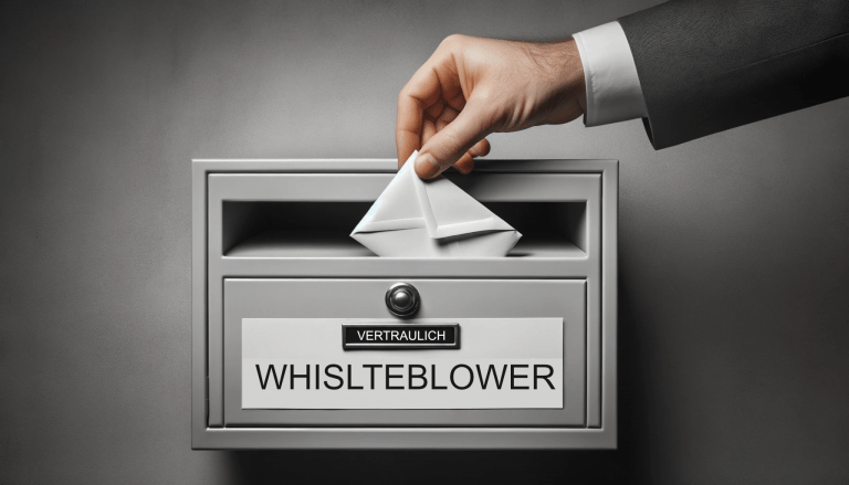 Hand wirft Kuvert in vertraulichen Whistleblower-Briefkasten für anonyme Hinweise