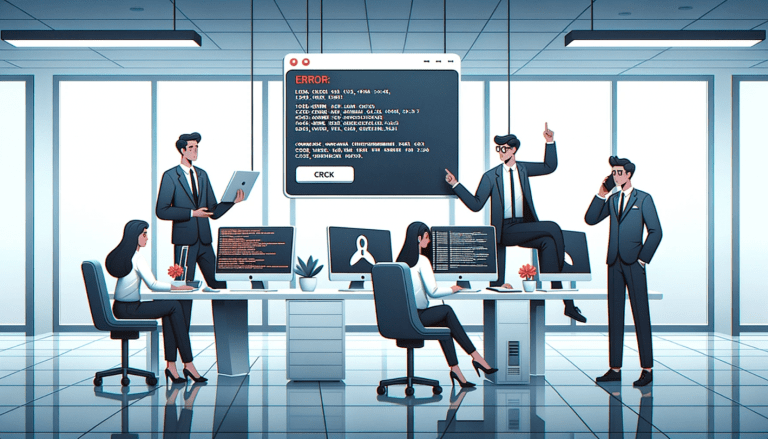 Illustration eines Büroteams vor großem Bildschirm mit Fehlermeldung nach einem Cyberangriff