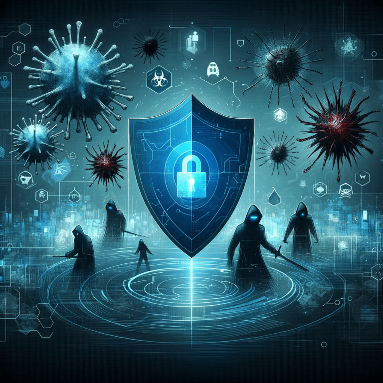 Das Bild, das den Konzept von Cybersecurity und Cyberangriffen veranschaulicht, wurde erstellt. Es zeigt eine digitale Landschaft mit einem Schutzschild im Vordergrund, welcher die Sicherheit symbolisiert. Im Hintergrund sind abstrakte Darstellungen verschiedener Arten von Cyberbedrohungen wie Viren, Malware und Hacker zu sehen. Diese Elemente werden als ominöse digitale Schatten oder Figuren dargestellt.