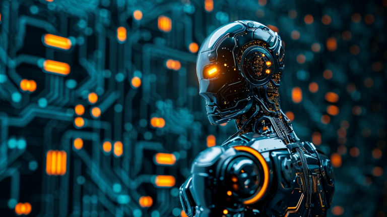 Humanoider KI-Roboter vor leuchtender Platinenstruktur als Symbol für KI in der Cybersicherheit