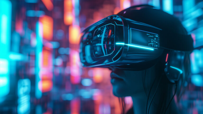 Frau mit futuristischem VR-Headset vor neonfarbener Kulisse als Symbol für IT-Trends 2024