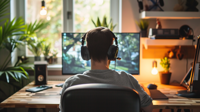 Mitarbeiter mit Headset am Schreibtisch im Home-Office vor großem Monitor und Zimmerpflanzen