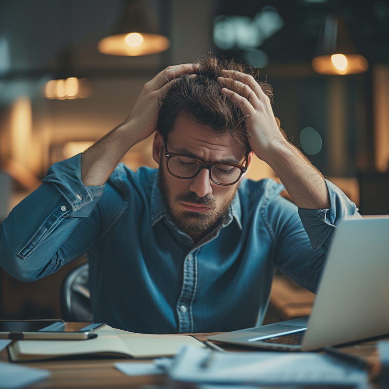 Frustrierter Mann rauft sich am Laptop die Haare – IT-Probleme kosten Zeit und Nerven