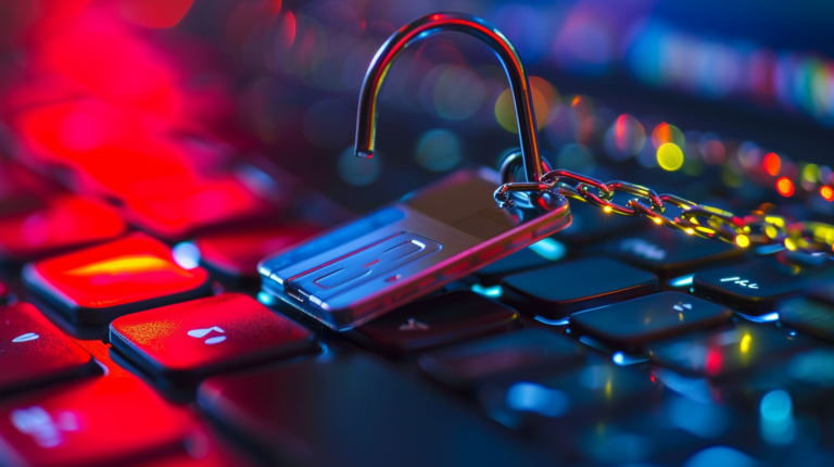 Geöffnetes Vorhängeschloss mit Kette auf einer rot-blau beleuchteten Tastatur als Symbol für Phishing-Gefahr