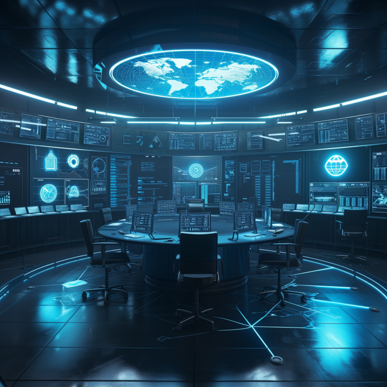 Futuristisches Security Operations Center mit rundem Konferenztisch, Monitoren und leuchtender Weltkarte