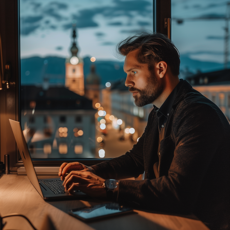 IT-Supporter arbeitet abends am Laptop, im Fenster die beleuchtete Salzburger Altstadt
