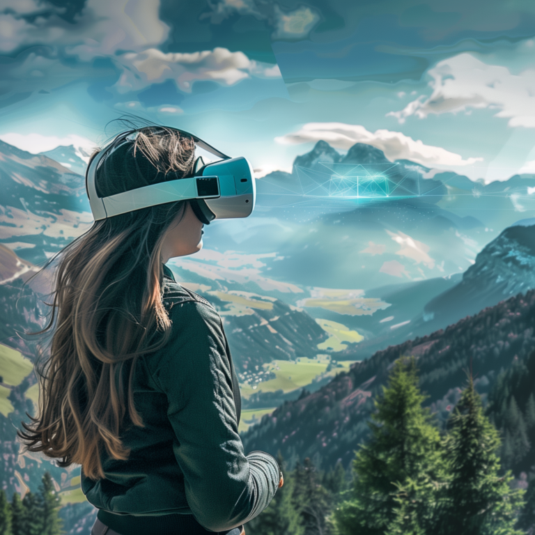 Frau mit VR-Brille blickt über ein alpines Tal – digitale Technologie im österreichischen Tourismus