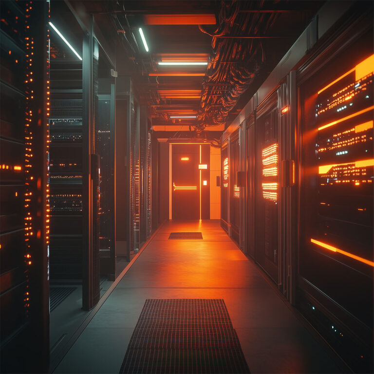 Orange beleuchteter Serverraum mit modernen Server-Racks als Symbol für IT-Infrastruktur-Modernisierung