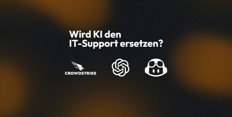 Banner mit der Frage Wird KI den IT-Support ersetzen mit CrowdStrike-, OpenAI- und Chatbot-Logo
