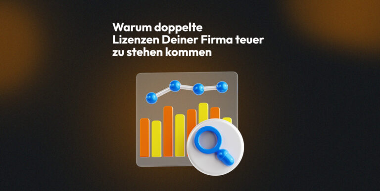 Blogbanner zu doppelten Software-Lizenzen mit Balkendiagramm und Lupe zur Kostenanalyse
