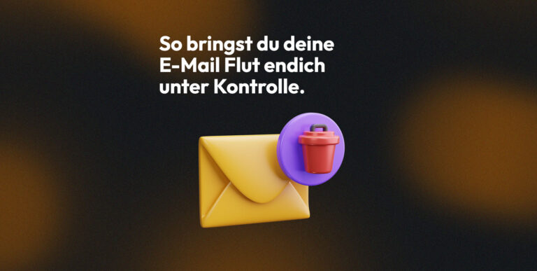 Blogbanner E-Mail-Flut unter Kontrolle bringen mit Briefumschlag und Papierkorb-Symbol