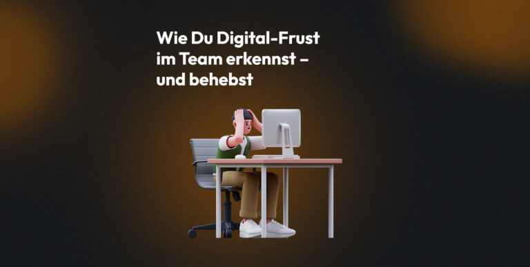 3D-Illustration: Frustrierter Mitarbeiter schlaegt Hand an den Kopf vor dem Monitor – Digital-Frust im Team