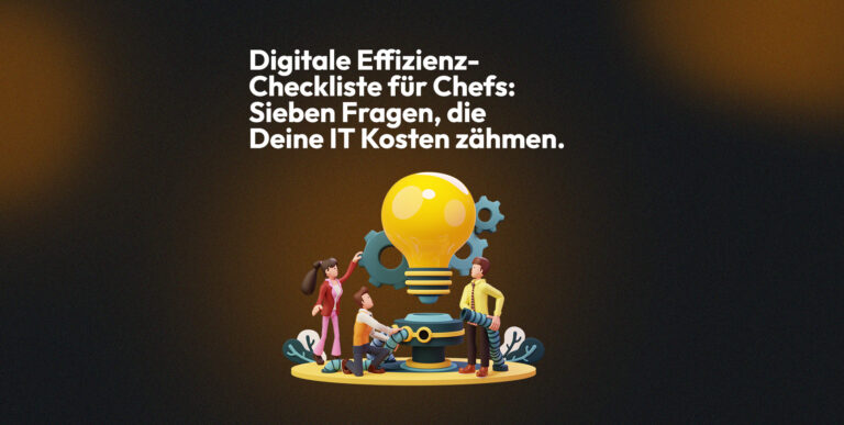 3D-Illustration: Team arbeitet an grosser Gluehbirne mit Zahnraedern – digitale Effizienz-Checkliste fuer Chefs