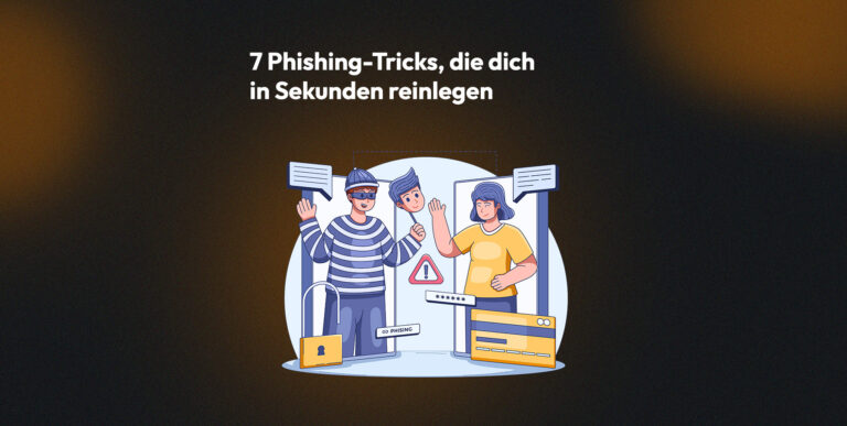 Illustration: Betrueger mit Maske taeuscht Nutzerin am Bildschirm – sieben Phishing-Tricks im Ueberblick