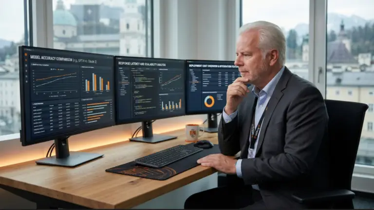 IT-Berater vergleicht KI-Modelle an drei Monitoren mit Dashboards, im Hintergrund Salzburg