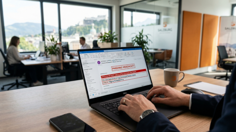 Mann am Laptop mit rot markierter Phishing-Warnung in Outlook, im Hintergrund Salzburger Festung